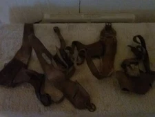 vintage leather hand corn de-husking tool primitive  farm item lot of 4