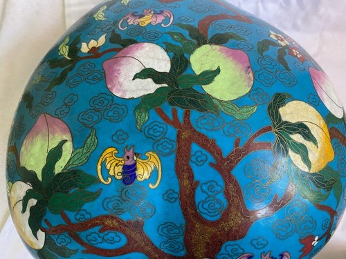 Caja con tapa en forma de melocotón cloisonné chino de colección rara - 14" - Imagen 4 de 17