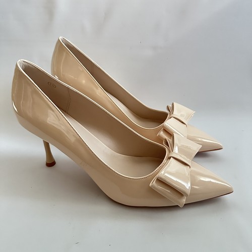 Coutgo Nude Tan Beige Women Size 10 Leather Pointed Toe Pumps 3" Dress Heels Bow