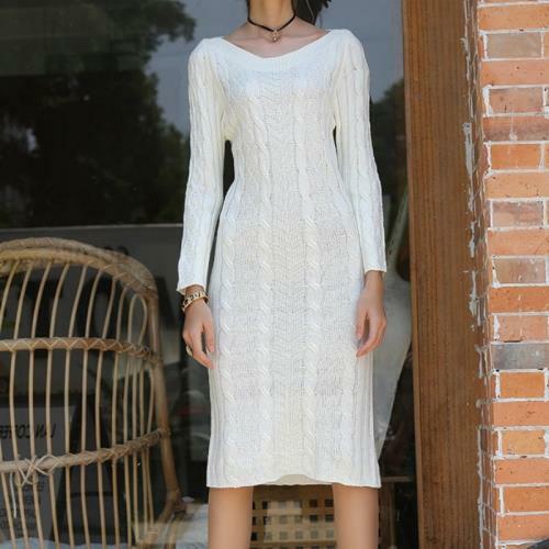 Women's Sweater Dress Knitted Boat Neck Long Sleeve Stretch Warm Dresses Sexy B - Picture 9 of 15
