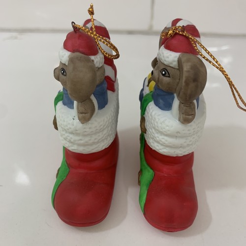 Mouse In Stocking Ceramic Christmas Ornaments Set Of 2 Hand Painted - Picture 2 of 9