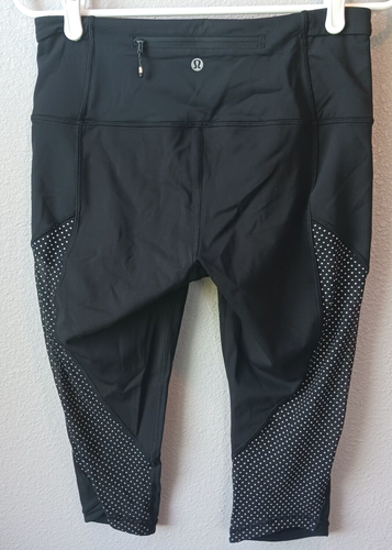 Lululemon Run With The Sun Crop Leggings Black Reflective Polka Dot Mesh Size 8 - Picture 2 of 5