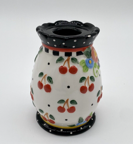 Vintage MARY ENGLEBREIT  “Cherries" Single Ceramic Candle Holder Polka Dot 2000 - Picture 2 of 8