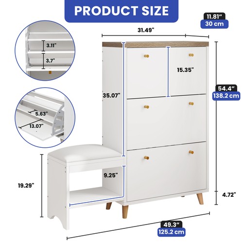 3 Flip Drawers Shoe Rack Bench Wood Storage Standing Cabinet Organizer Entryway - Picture 3 of 13