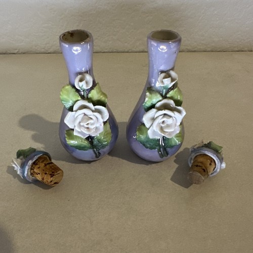 (2) Vintage German Elfinware Floral Perfume Bottles Purple Iridescence w/Roses - Picture 7 of 17