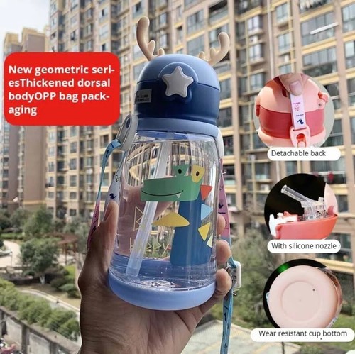 Kawaii Bear Plastic Water Bottle with Straw Shoulder Strap Cute Kids Bottles - Picture 2 of 4