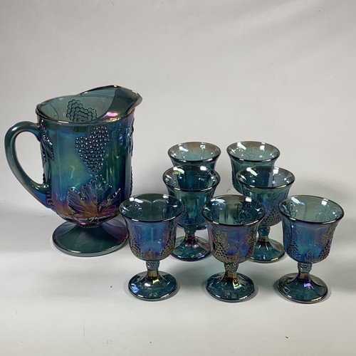 Indiana Carnival Glass Pitcher and 7 Goblets Glasses Blue Harvest Grape - Picture 1 of 12