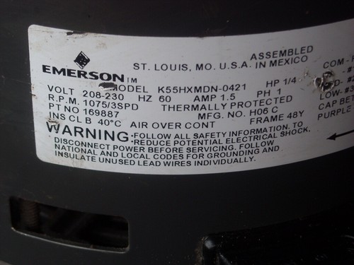 EM29- EMERSON BLOWER MOTOR K55HXMDN 1/4HP 1075 RPM 3 SPEEDS 1.5 AMP - Picture 2 of 3