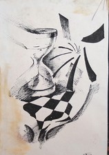 1989 Abstract surrealist ink drawing signed