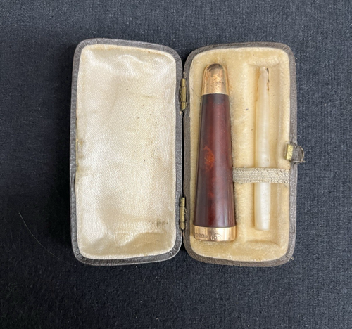 English Birmingham 1827 Briar Wood & 9k Gold Banded Cigarette Holder w/ Case - Picture 2 of 17