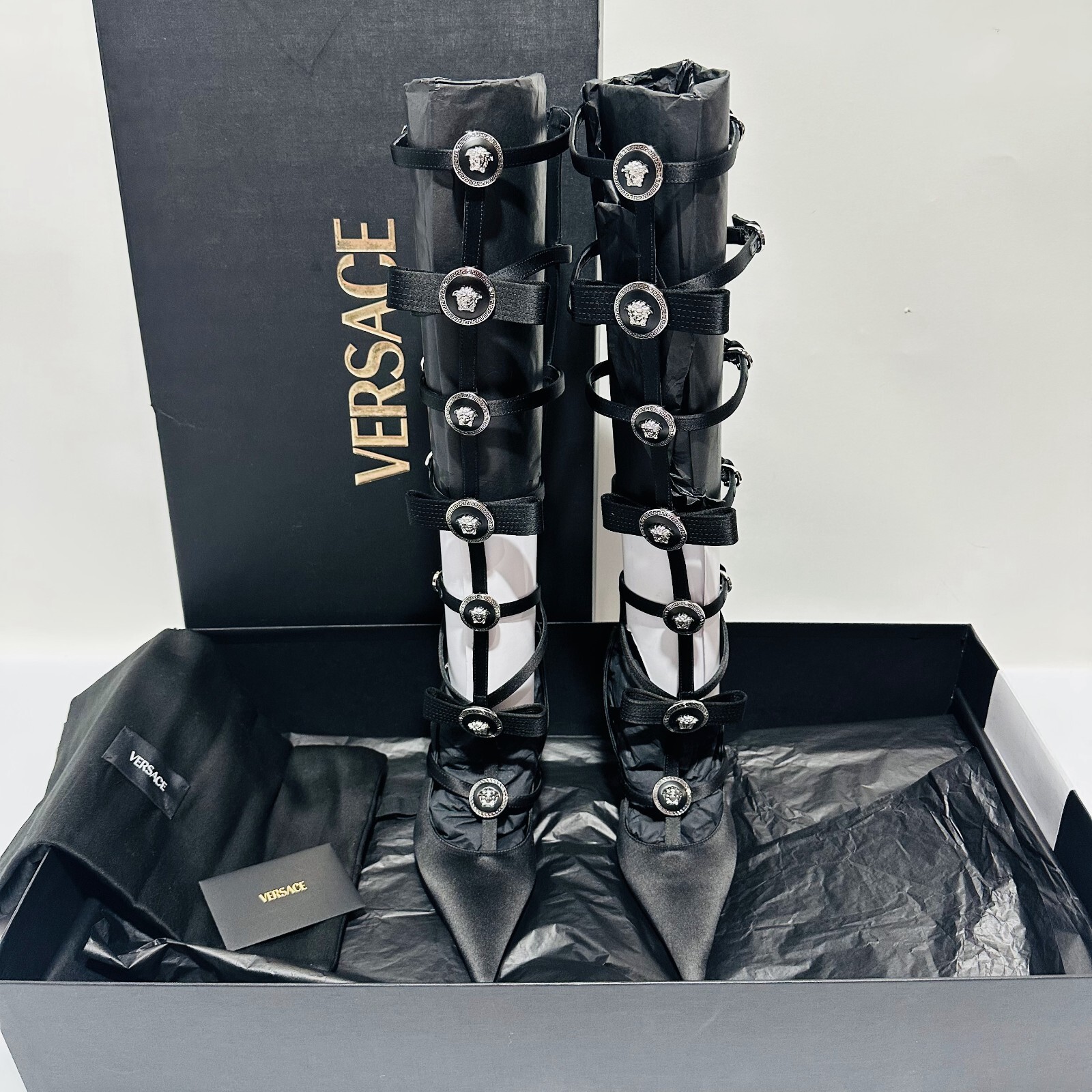 Versace Gianni Ribbon 39 US 9 Black Satin Knee High Cage Pumps Runway NIB $2,225 image 4