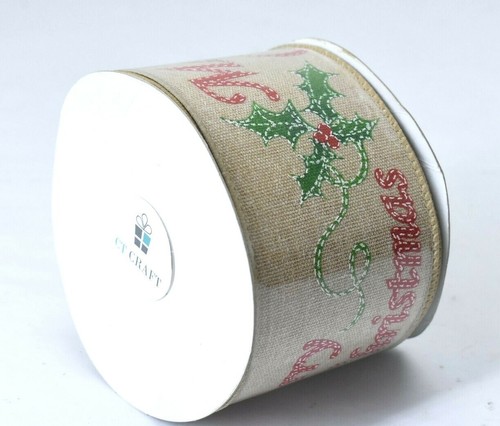 Merry Christmas Tan Faux Jule w Red Wired Ribbon 2.5" 10 Yards Crafting - Picture 2 of 4