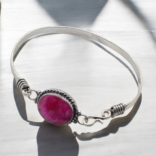 925 Sterling Silver Natural kashmiri Ruby Gemstone Jewelry Cuff Bracelet S-Adj - Picture 3 of 9