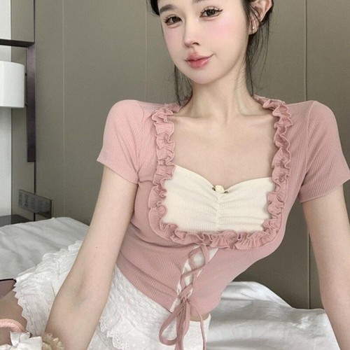 Hottie Lace-up Square Neck Short Sleeve Patchwork T-shirt Women Slim Crop Top - Picture 9 of 15
