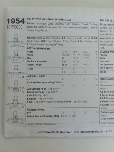 SIMPLICITY 1954 Child's Costume Apron Pattern Size S,M,L UNCUT - Picture 4 of 5