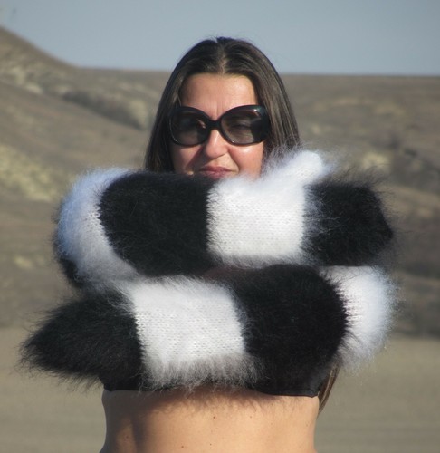 FUZZY Mohair Black & White ZEBRA long gloves thick warm handmade soft ski № 2055 - Picture 8 of 10