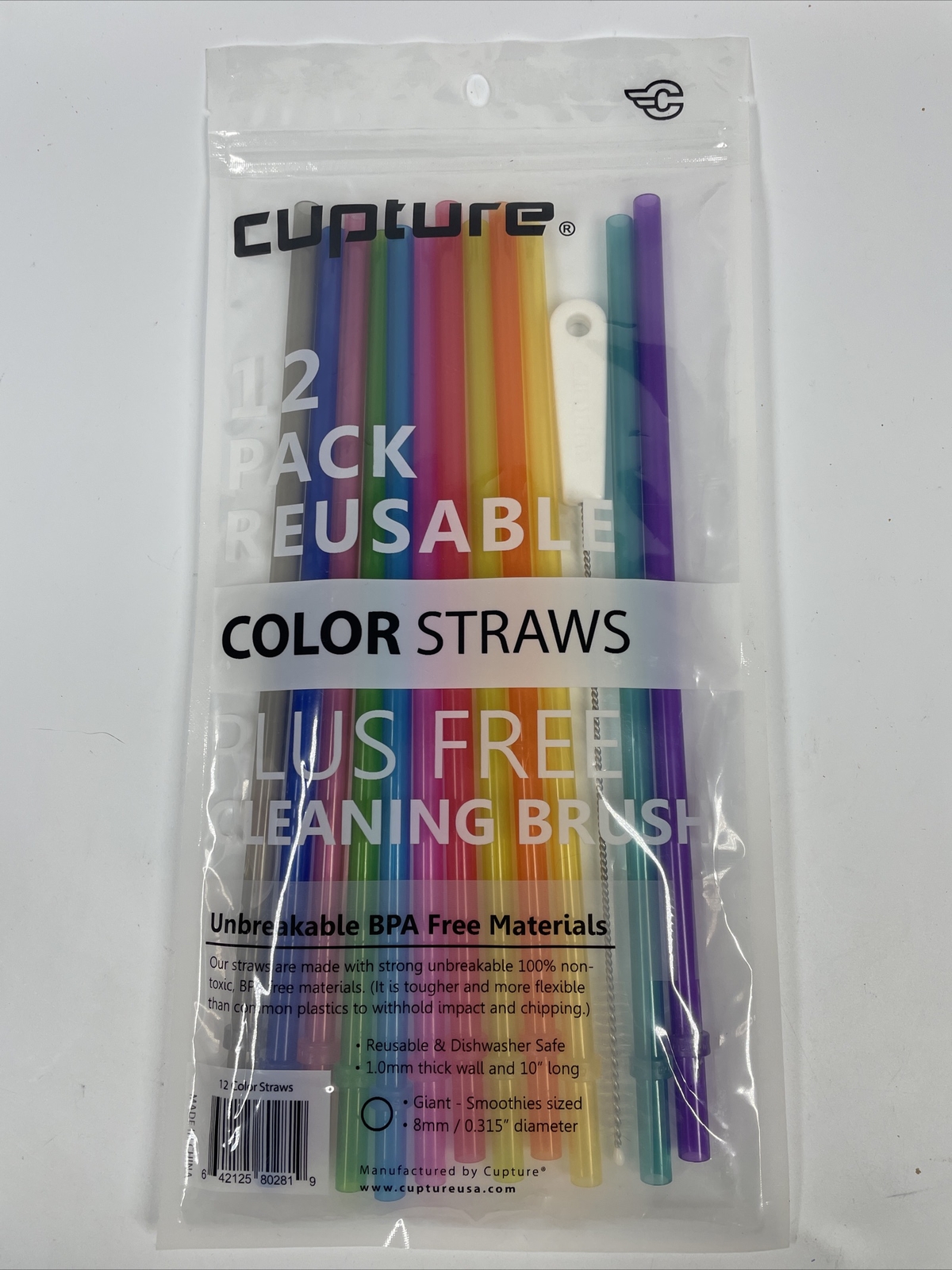 Cupture Reusable & Unbreakable Color Straws - 12 Count + Free Brush (12 Solid Colors)