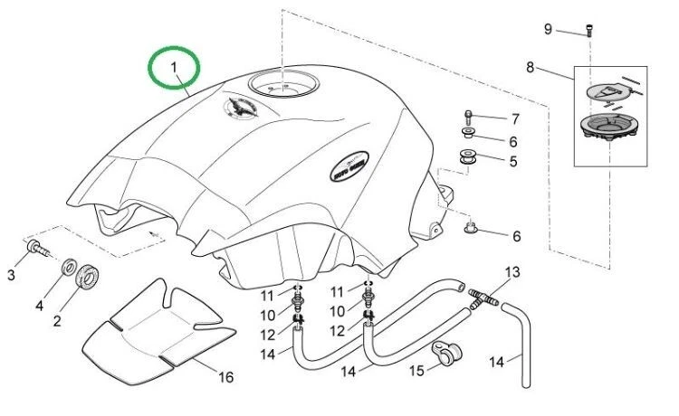 FUEL TANK, MOTO GUZZI BREVA/NORGE silver/gray ,  OEM GU05100230F2 - Imagem 3 de 4