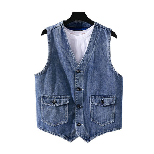 Jeans Hommes Gilet Cargo Vintage Bouton Gilet Hauts Été en Vrac Décontracté - Picture 1 of 10