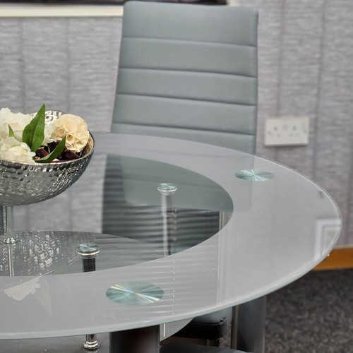 Round Glass Grey Kitchen Dining Table With Storage Shelf And 4 Grey Metal Chairs - Picture 7 of 17