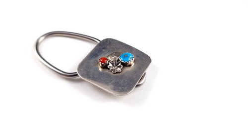Porte-clés argent massif indien turquoise et corail - fantaisie beau - Photo 3 sur 6