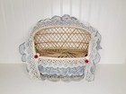 Vtg Plant or Doll Wicker Fan Chair Adorned w Blue & White Lace Trim Ribbon Roses