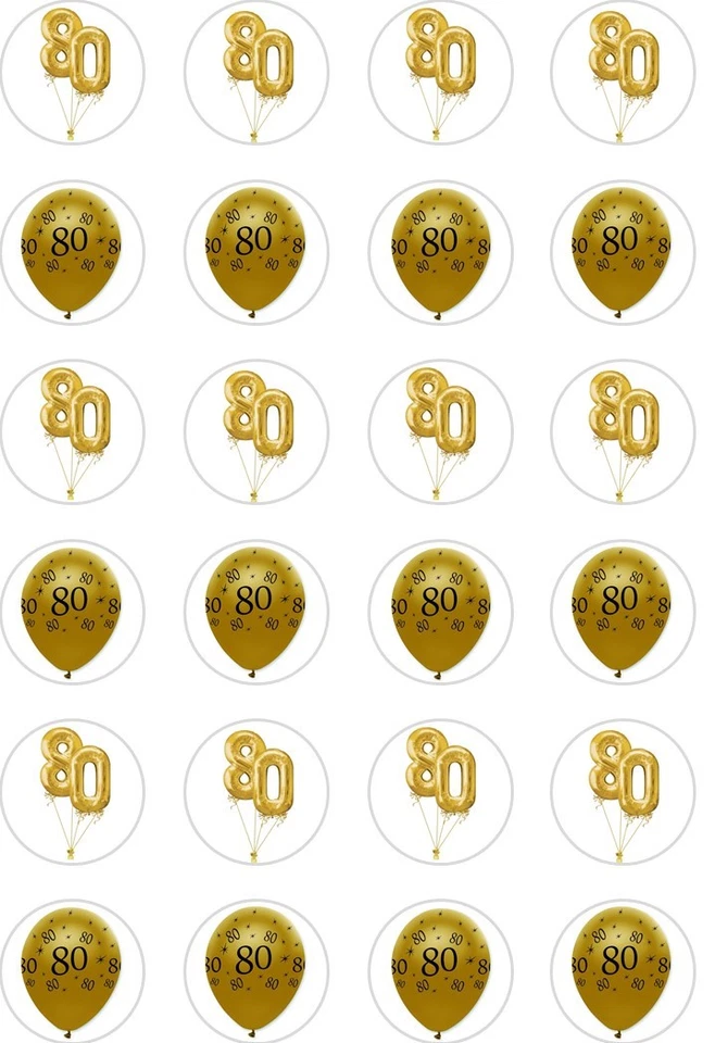 24 x PRECUT GOLD 80TH BIRTHDAY/80 YEAR OLD RICE/WAFER PAPER CUP CAKE TOPPERS