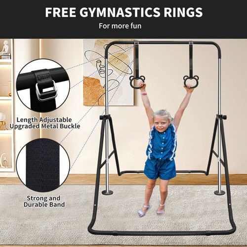 Black Multifunctional Adjustable Children's Horizontal Gymnastic Bar with Rings - Picture 6 of 9