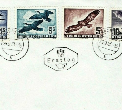 AUSTRIA FDC Air Mail 1953 High Values BIRDS Set First Day Cover Innsbruck MC79a - 第 1/8 張圖片