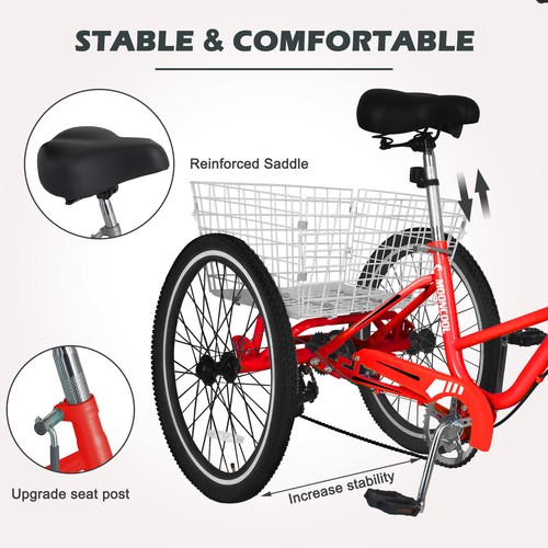 H&ZT Adult Folding Bike Tricycle 24" 7 Speed Cruiser Trike Bicycle w/ Basket - Picture 7 of 13