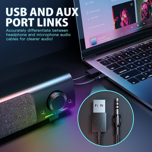 Computer Speakers, USB Powered 3.5Mm AUX PC Sound Bar for Desktop Monitor, Gamin - Picture 4 of 12