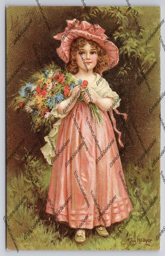 Vintage Postcard girl in pink dress and bonnet carrying flowers Eva Hollyer