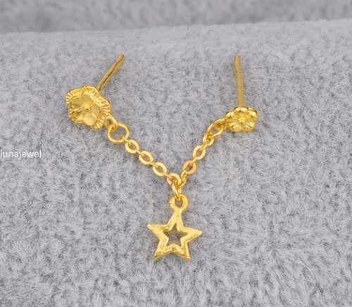 Pure 999 24K Yellow Gold Women Double Ear Hole Chain Flower Single Stud Earrings - Picture 7 of 10