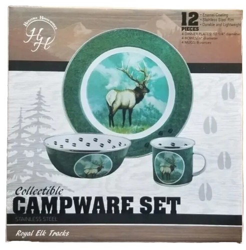 Heritage Housewares Enamel Campware Elk Tracks Dish Set Of 12 Bowls Cups Plates - Picture 3 of 5