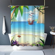 Pirate Ship Polyester Bathroom Shower Curtain Set with Plastic Hooks for Kids...