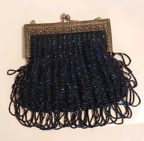 Antique Art Nouveau Silver Frame Blue Knit Iridescent Bead Tier Fringe Purse 20s - Picture 19 of 22