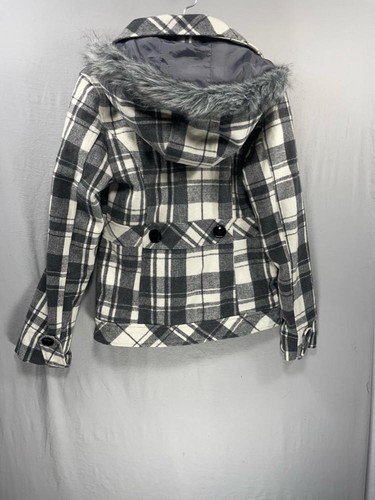 YMI Women’s Pea Coat White & Gray Plaid Collared Button Down Size Medium Furry - Picture 9 of 14