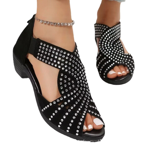 Damen-Sandalen offene Zehenpartie Blockabsatz Sommer Strass bequem niedriger Absatz Schuhe Römer - Bild 4 von 20