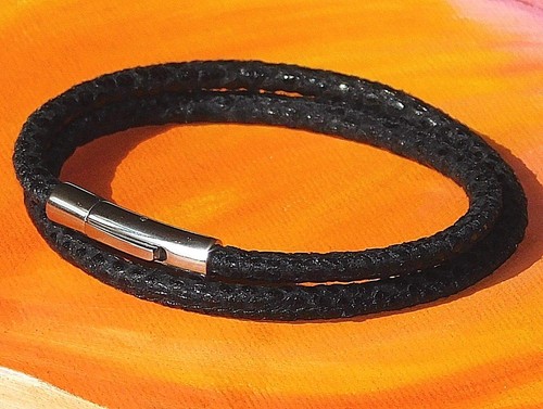  Mens/ladies Black snakeskin print wrap-around leather bracelet by Lyme Bay Art - Picture 1 of 3