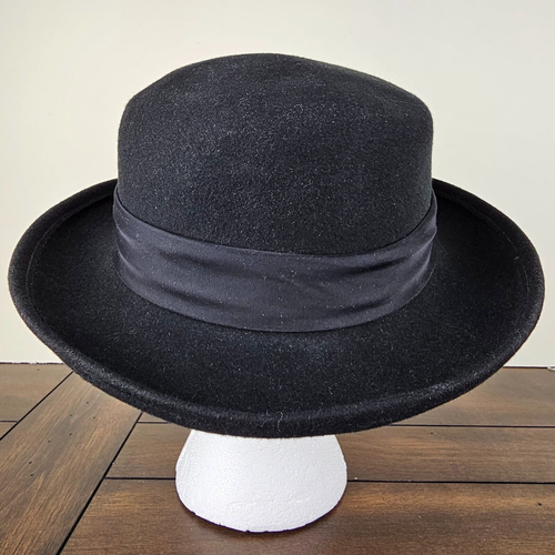 Vintage Arlin Black 100% Wool Felt Sheer Hat Band & Bow Bowler Derby Hat 23" - Picture 4 of 7