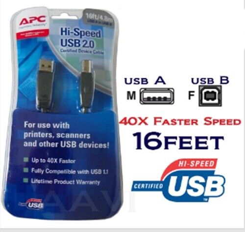 APC USB 2.0 A to B Best Hi High Speed Cable For Printer Scanner PC MAC 16FT Long - Picture 1 of 2