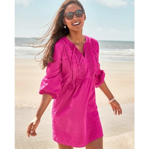 NWT Tommy Bahama Hot Pink Poplin Split Neck Cotton Summer Mini  Dress S - Picture 1 of 8