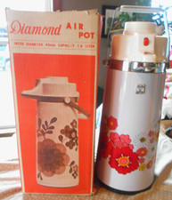 Air Pot Vacuum Vtg Diamond Glass Coffee Thermal  With Swivel Bottom Box Daisies