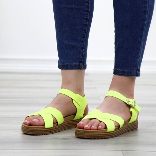 Strappy Comfort Sandals Open Toe Sling Back Neon Yellow Cushioned - Picture 12 of 13