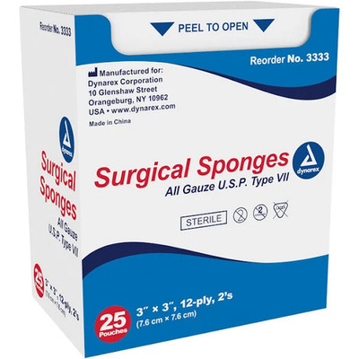 DYNAREX SURGICAL GAUZE SPONGE STERILE 3'' -  BOXE  (25Pouches)