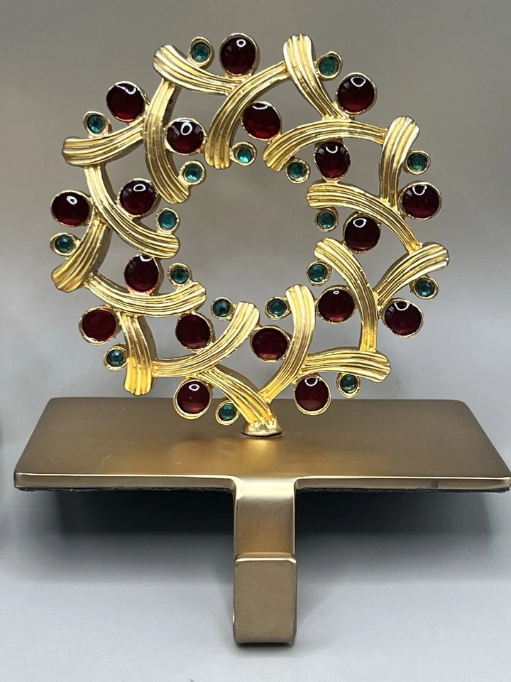 Pair of Vintage Brass Gold Tone Enamel Stocking Holders Christmas Tree & Wreath - Image 3 of 4