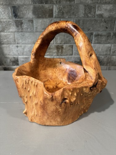 Vintage HAND CARVED Bowl BASKET KNOBBY BURL WOOD Basket 10" Natural Wood Grain