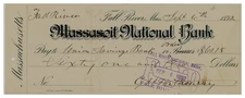 1892 Fall River, MA Bank Check Massasoit National Bank to Union Savings Bank