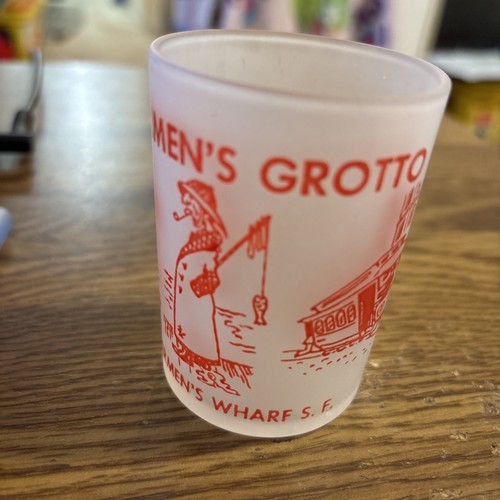 Hazel Atlas Schnapsglas 4 Oz mattierte Fischergrotte, #9 Fishermen's Wharf SF - Bild 2 von 4