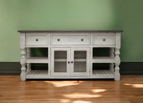 60" Ivory Solid Wood Open shelving Distressed TV Stand - Picture 1 of 5